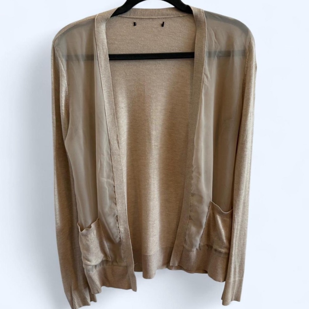 Beige/tan open front cardigan with sheer sides and pockets